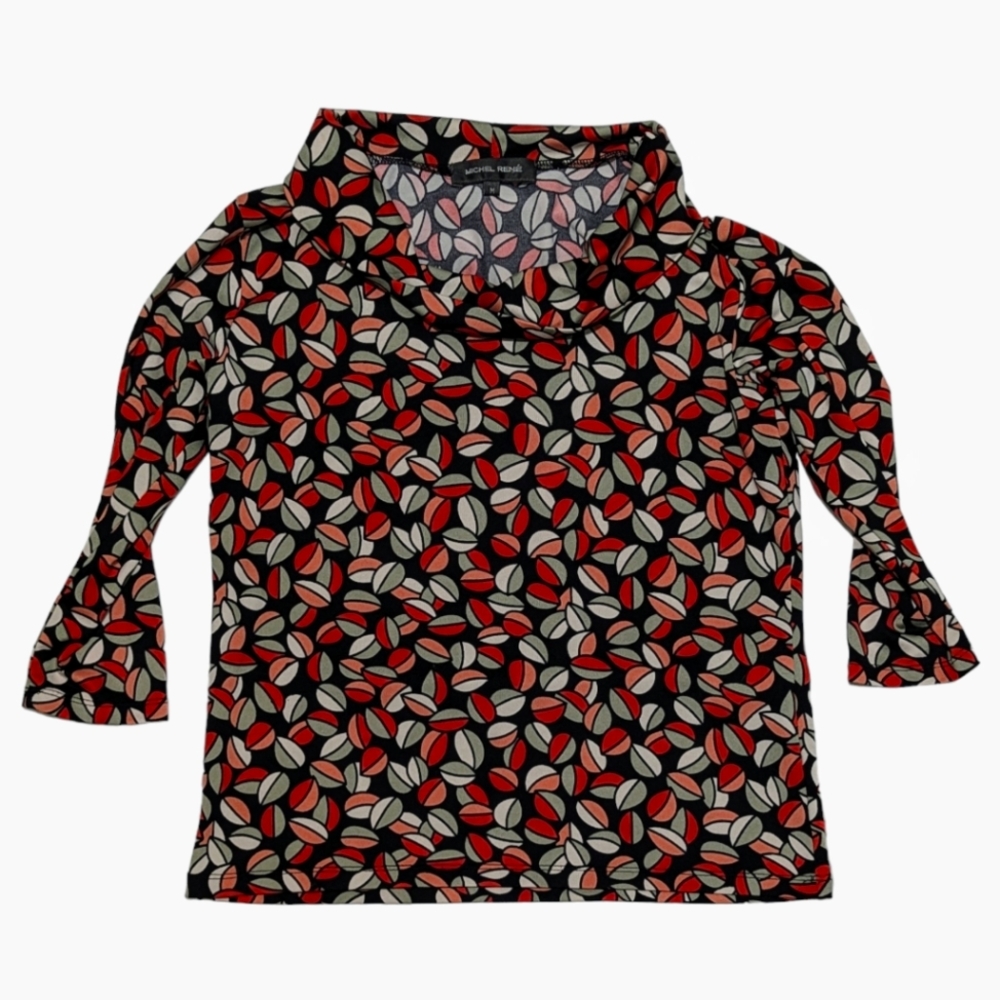 Michael Rene Women's Medium Geometric Print 3/4 Sleeve & Cowl Neck Blouse
